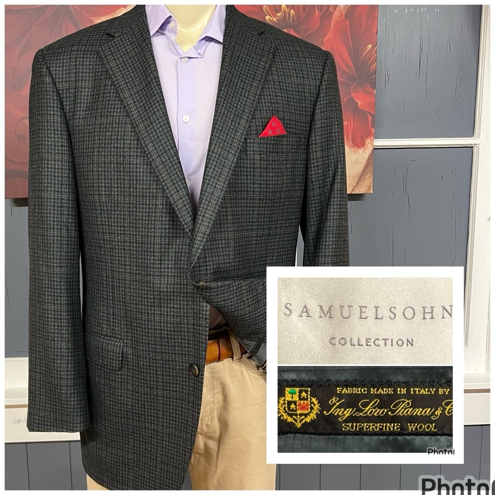 Samuelsohn Super Soft Wool Blazer Sport Jacket Mens 46L Long Green/Navy/Brown